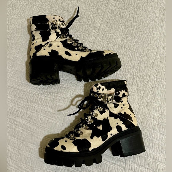 Free People Jeffrey Campbell Printed Check Lace Up Boot Color Cow - Picture 4 of 10